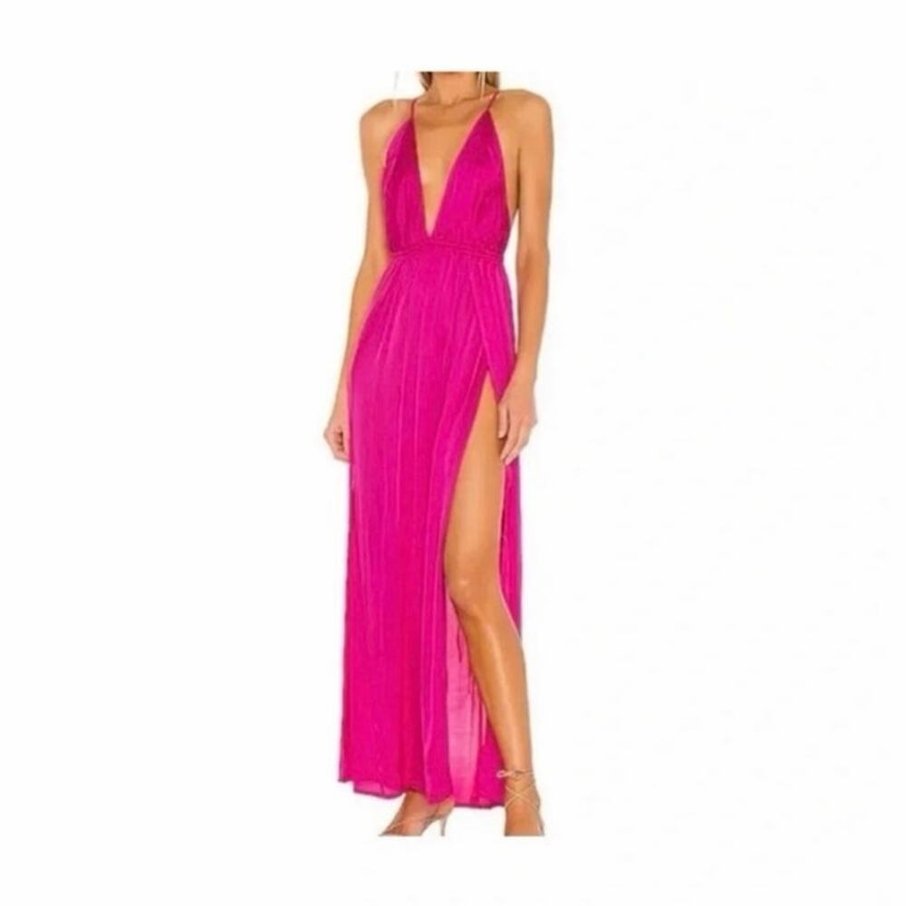 Indah Revolve Hot Pink Satin Plunge V-Neck Strappy Slit Resortwear Maxi Dress XS